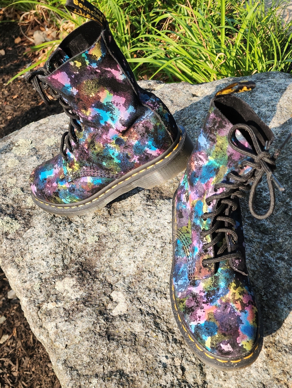 Dr. Martens Suede Black Lace-Up Boots with Multicolor Confetti Paint Splatter 6